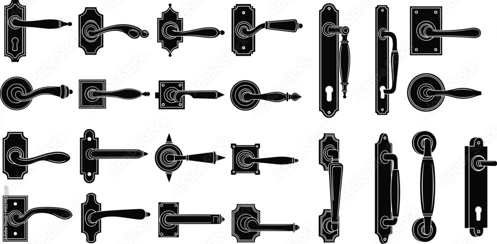 Fototapeta premium Vintage door handle silhouette set, ornate keyhole plate icons, antique hardware collection, black white vector, cad drawing flat vector illustration