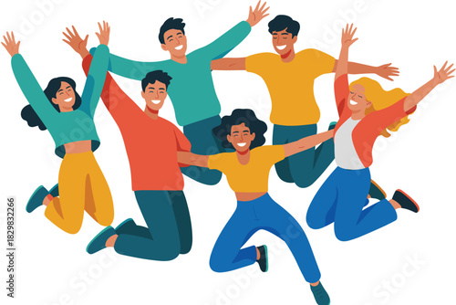 A cheerful group of six diverse young adult friends leaping and jumping high together, celebrating success, freedom, and positive energy with wide smiles and raised hands, representing joyful friendsh
