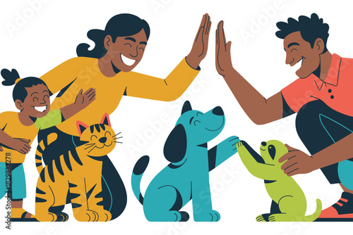 Joyful diverse family featuring Black parents and daughter celebrating teamwork with a high five while their cute pet cat and friendly dogs exchange a paw handshake, symbolizing connection, adoption,