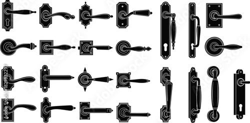 Vintage door handle silhouette set, ornate keyhole plate icons, antique hardware collection, black white vector, cad drawing flat vector illustration