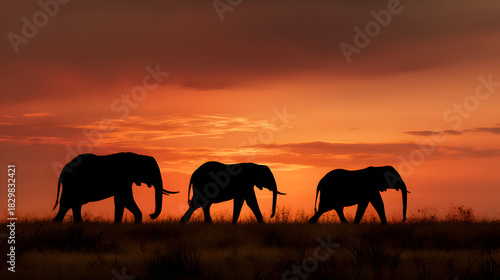 Three elephant silhouettes walking across the savanna at sunset
