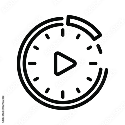 Black and white line icon representing video playback timer or loading progress with a play button symbol inside a clock face