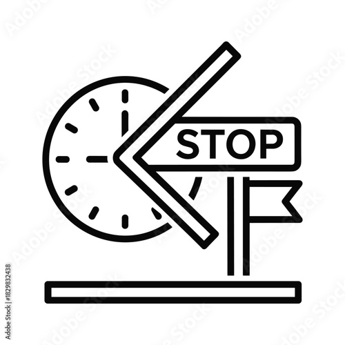 Black and white line art icon representing a clock pointing to a stop sign, symbolizing time limit or deadline isolated on
