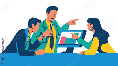 Dynamic corporate business team collaborating during a strategic meeting, analyzing digital data charts on a screen, discussing financial growth and marketing strategy in a modern professional office