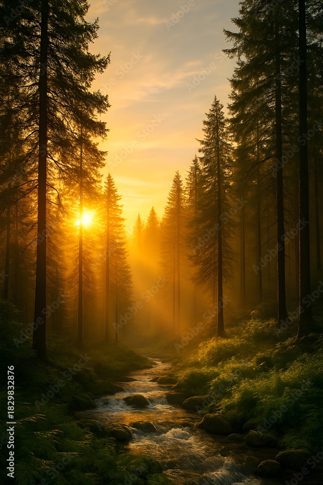 Fototapeta premium Golden Sunrise in a Misty Forest Stream 