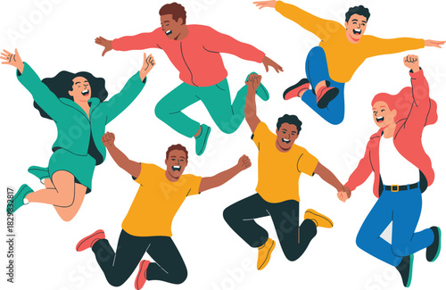 Multicultural group of enthusiastic men and women leaping and celebrating achievement, success, and freedom with expressive joy in a dynamic, modern flat design vector illustration for corporate prese