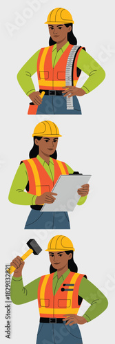Professional African American female engineer or site supervisor performing construction management duties, including measurement, blueprint inspection, and physical labor, showcasing diversity and ca