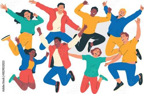 Diverse group of young adult men and women jumping high in the air, celebrating success and teamwork, expressing immense joy and freedom, fostering energetic unity and optimism in a vibrant flat desig