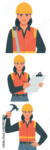 Modern vector illustration of a confident female construction worker, builder, or architect, equipped with a hard hat and safety vest, showing versatile career roles like planning with a measuring tap