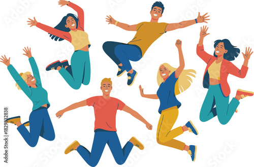 A diverse group of six happy young men and women friends celebrating success, achievement, and freedom by jumping high in the air with dynamic vitality and joyful energy, a modern flat vector illustra