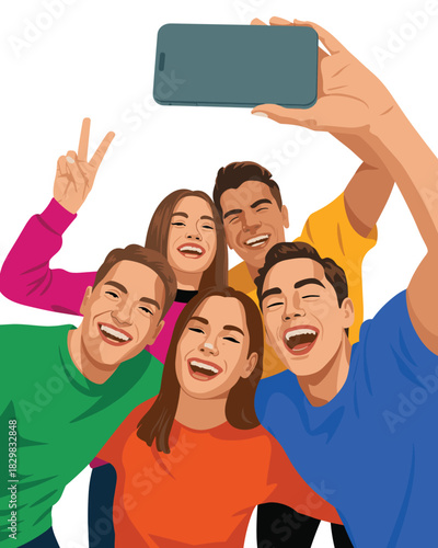 Joyful group of diverse young adult friends laughing and smiling while taking a close-up happy selfie portrait together, captured with a smartphone using a flat digital vector illustration style for s
