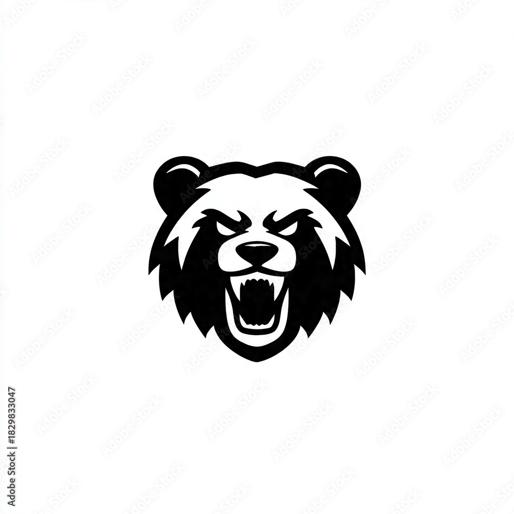 Fototapeta premium Fierce bear mascot roaring with power, perfect for sports team logos or brand identity, conveying strength, courage, and unwavering determination in striking black and white