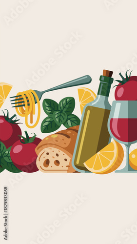 Modern flat design illustration featuring Mediterranean cuisine staples like pasta, ripe tomatoes, fresh basil, olive oil, crusty rustic bread slices, lemon wedges, and a red wine glass, creating a fr