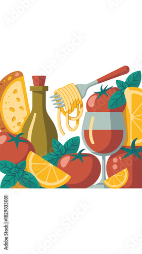 Modern vector graphic illustration showcasing traditional Italian cuisine essentials: fresh, healthy Mediterranean ingredients including ripe red tomatoes, basil leaves, lemon slices, crusty bread, ol