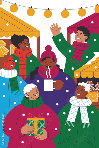 Joyful diverse multi-generational group of people smiling and celebrating the Christmas holiday season at an outdoor festive winter market, wearing warm clothing while greeting and sharing a gift, mod