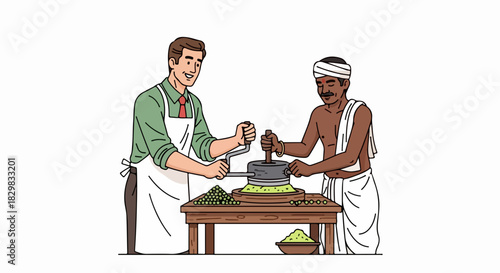 Two men grinding spices together, using traditional grinding machine. The two men share ancient cultural culinary tradition, making natural spices.