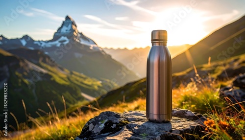 Metal bottle stands on a rock outcrop with mountainous backdrop and sun-burst glow from right behind