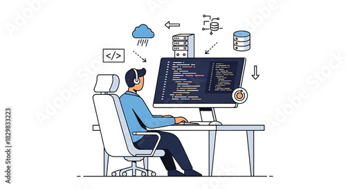 Programmer working on a computer with cloud technology and data storage symbols