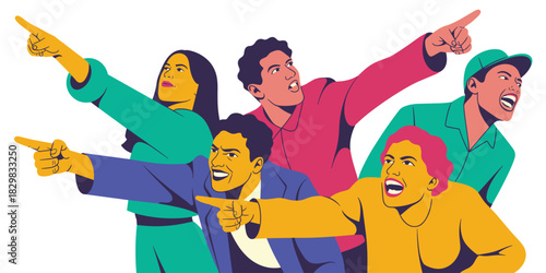 Energetic diverse crowd of young professional men and women cheering and assertively pointing toward an exciting future, symbolizing leadership, direction, motivation, and unified success, rendered in