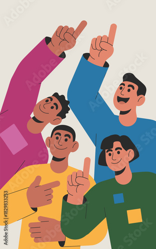 A diverse group of enthusiastic young people raising hands and pointing fingers up toward a bright future, indicating successful collaboration, a shared idea, or creative recommendation for business s