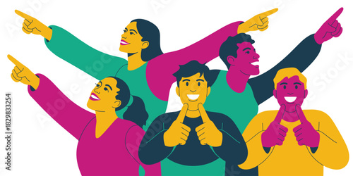 A diverse group of smiling, motivated young men and women enthusiastically pointing toward future goals and success, while two people give positive thumbs up gestures of approval; vibrant modern flat