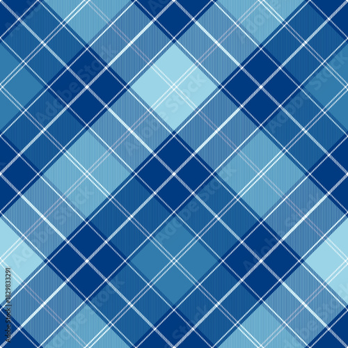 Blue argyle seamless pattern featuring small diamond checks in navy and light blue hues. Ideal for textile fabric, modern fashion, packaging, and elegant background designs. Vector illustration.