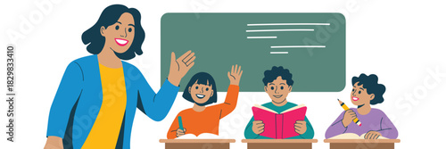 Experienced teacher instructing diverse elementary school children happily engaging in interactive education and responsive learning activities in a bright classroom setting, featuring students raisin