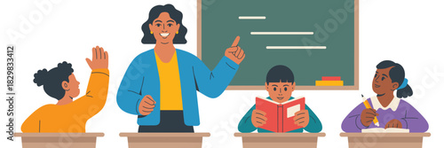 Multicultural group of elementary school children and a happy female teacher involved in dynamic teaching and active learning at their desks in the classroom, perfect vector illustration for education