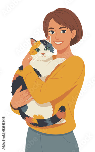 Smiling adult female owner holding her beloved fluffy calico cat securely, symbolizing love, companionship, pet care, and domestic animal welfare, useful for modern lifestyle marketing, veterinary adv