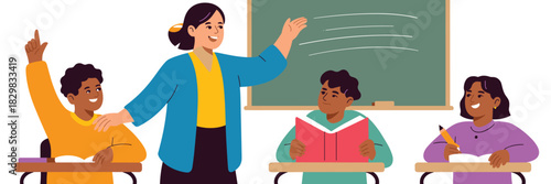 Diverse group of happy elementary school students engaged in learning activities with their smiling female teacher in the classroom, featuring desks and a green chalkboard illustration, perfect for ac