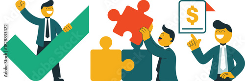 Dynamic business team achieves financial success, goal validation, and profitable outcomes; professional corporate partnership demonstrates problem solving strategy by assembling key jigsaw puzzle pie
