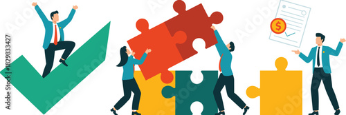 Professional team collaboration assembling a strategic business solution jigsaw puzzle, signifying successful achievement, reaching corporate goals, and closing financial deals approved by a large che