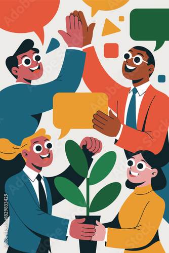 Diverse business professionals demonstrating successful teamwork, collaboration, and social responsibility by nurturing a potted plant and high-fiving, surrounded by speech bubbles symbolizing effecti