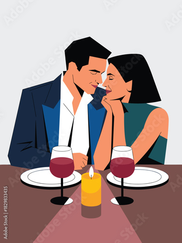 Affectionate young couple sharing an intimate romantic candlelight dinner date, leaning close over wine glasses in a stylish, minimalist, modern flat vector illustration, ideal for advertising, lifest