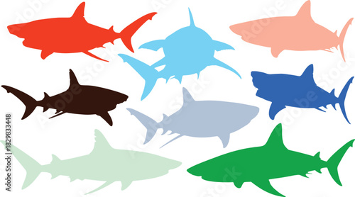 Collection of colorful shark silhouettes in various shades