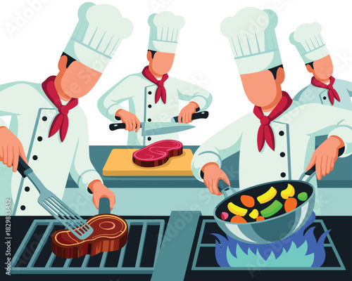 Vector illustration of a skilled culinary team preparing gourmet meals in a professional restaurant kitchen, featuring chefs grilling a prime ribeye steak, cutting raw beef, and tossing fresh, colorfu