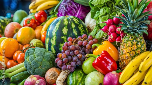 Fototapeta Naklejka Na Ścianę i Meble -  Colorful assortment of fresh fruits and vegetables displayed together.