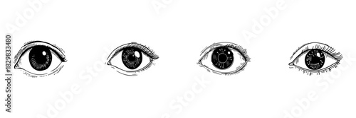 Three Human Eyes Doodle Sketch Set. Vision, Perception, And Technology Integration In Hand Drawn Style Collection. Artistic Representation Of Human And Digital Eye. Isolated Vector Illustration