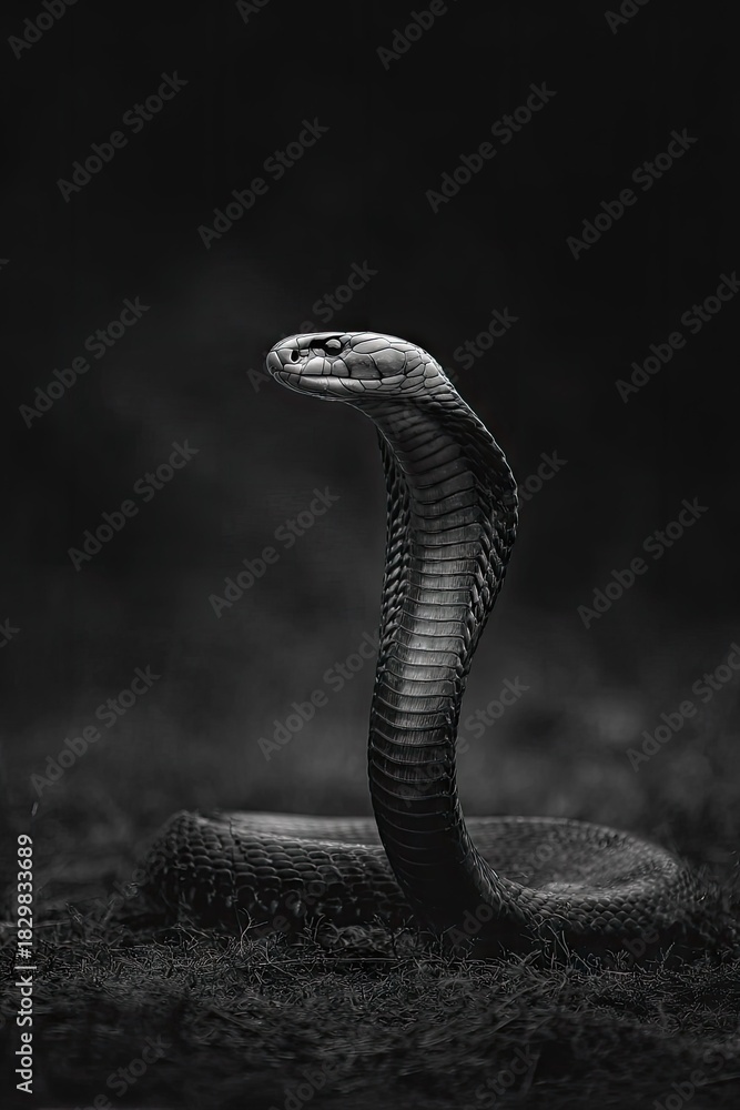 Fototapeta premium Dramatic portrait of a cobra snake in striking pose on a dark background