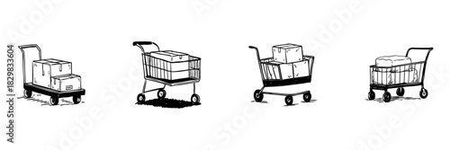 Handcart And Shopping Cart Doodle Sketch Set. Logistics, Retail, And E-Commerce Transportation In Hand Drawn Style Collection. Delivery And Shopping Concepts. Isolated Vector Illustration