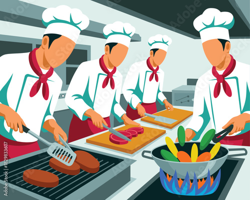 Four professional chefs team cooking and preparing delicious gourmet food, grilling burgers, slicing meat, and stir-frying fresh vibrant vegetables in a wok over blue gas flame, illustrating busy rest