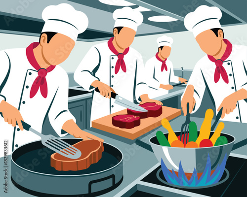 Professional culinary chefs cooking preparing gourmet food, grilling steak and stir-frying fresh vegetables, demonstrating teamwork in a busy commercial restaurant kitchen, modern vector illustration