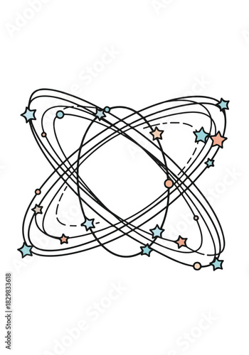 Abstract orbital atom illustration with intersecting rings and star accents in a scientific vector design.