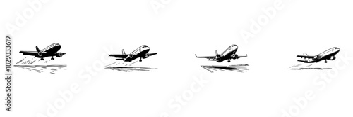 Airplane Takeoff Sequence Doodle Sketch Set. Aviation And Flight Dynamics In Hand Drawn Style Collection. Illustrating Aircraft Departure And Aerodynamics. Isolated Vector Illustration