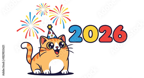 Cheerful cartoon corgi wearing a party hat beside colorful 2026 fireworks.