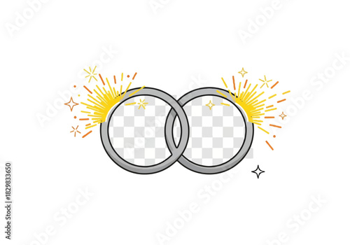 Interlocking wedding rings with celebratory sparkles illustration.