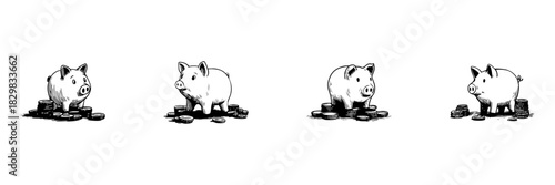 Piggy Bank With Coins Doodle Sketch Set. Savings, Financial Planning, And Investment Growth In Hand Drawn Style Collection. Money Management And Budgeting. Hand Drawn Isolated Vector Illustration