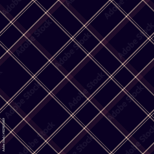 Dark purple, cream, and soft rose diagonal tartan plaid seamless pattern ideal for textile, fabric, wallpaper, wrapping paper, and modern fashion design. Clean classic background. Vector illustration.