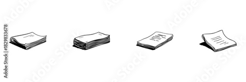 Folded Paper Stack Doodle Sketch Set. Document Organization And Office Stationery In Hand Drawn Style Collection. Paperwork And Filing System. Hand Drawn Isolated Vector Illustration