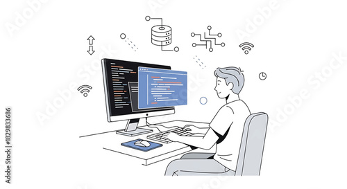 Young man coding on a computer, developing software for digital technology